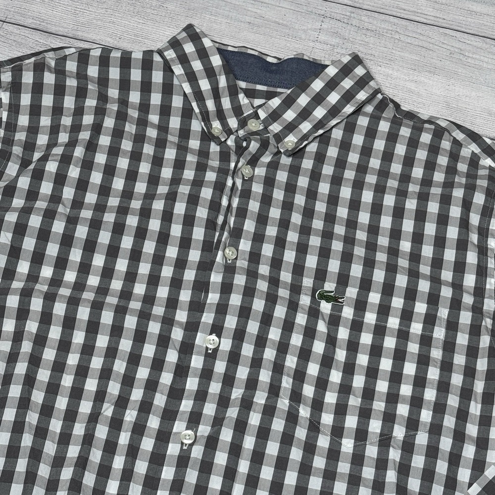 Lacoste Mens Regular Fit Gingham Button Down Shirt Gray White Large Tall